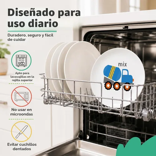 Vista 7 de Tiny Expressions - Placas de construcción para niños pequeños - Juego de 4 platos de melamina para niños - Excavadora, mezcladora de cemento
