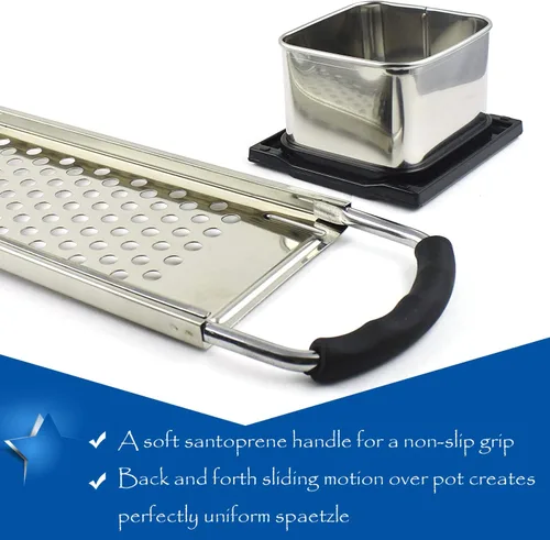 Vista 8 de Spaetzle Maker de acero inoxidable de alta calidad con espátula de silicona, colador de araña de acero inoxidable, cuchara espumadora, colador