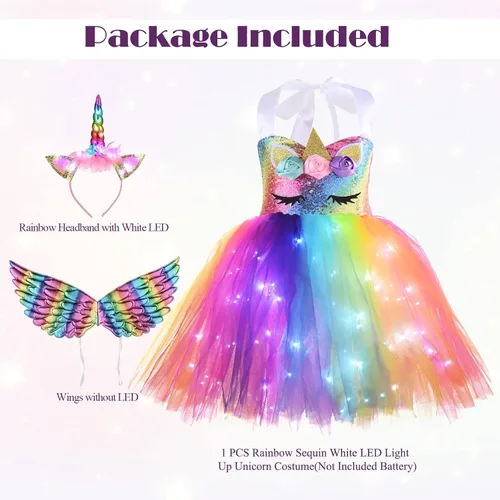 Vista 3 de Sequin LED Light Up Unicorn Custome for 4-10Y Girls Birthday Gifts Outfit Unicorn Tutu Dress with Headband and Wings