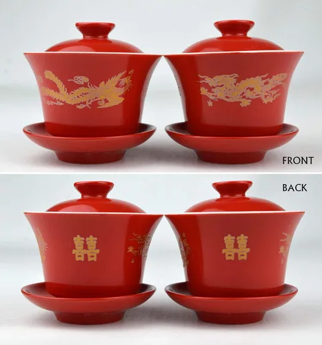 Vista 2 de Gaiwan - Juego de 2 tazas de porcelana de 8 onzas, diseño de dragón chino y fénix