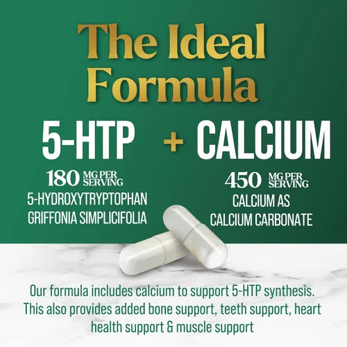 Vista 3 de 5 cápsulas de hidroxitriptófano – 180 mg por porción Suplemento 5 HTP más calcio para la salud cerebral y apoyo al sueño, fórmula extra fuerte