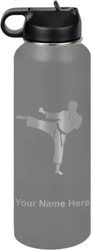 Vista 9 de Botella de agua personalizada LaserGram, Karate Man, de acero inoxidable con aislamiento al vacío de doble pared con tapa abatible, regalo grabado