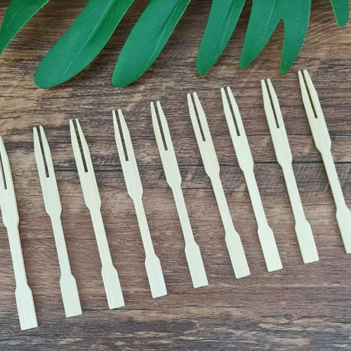 Vista 7 de BetterJonny Paquete de 300 cubiertos desechables de bambú, pinchos de dos puntas, palillos de dientes de extremo romo, mini tenedores de degustación
