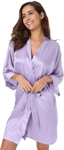 Vista 3 de SIORO - Albornoz de satén para mujer, sedoso kimono, para novia, damas de honor, boda, fiesta, salón, corto, XS-XXL