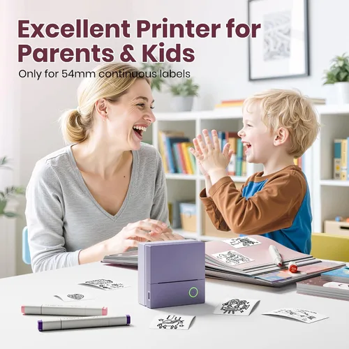 Vista 6 de Impresora de pegatinas, PM290C Mini impresora con 3 rollos de papel, púrpura