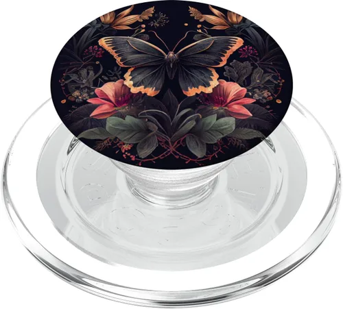 Vista 8 de PopSockets negros con diseño de flores de mariposa