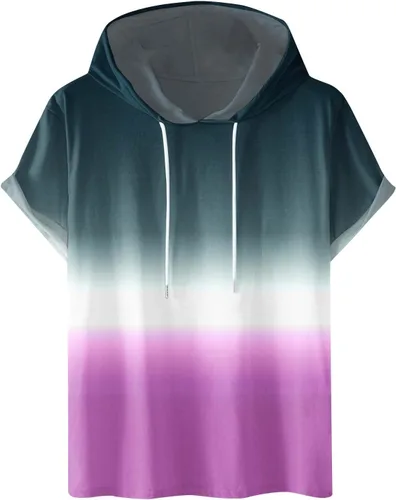 Vista 4 de Camisa de algodón para hombre, de moda, manga corta, con cordón, con capucha, ajuste holgado, atlética, camisetas de entrenamiento