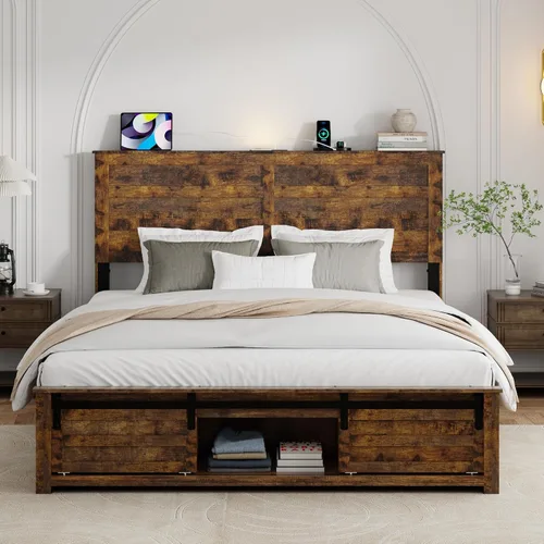 Vista 9 de Base de cama tamaño matrimonial con cabecero de madera, estructura de cama de plataforma de madera con estribo de puerta corrediza de granero