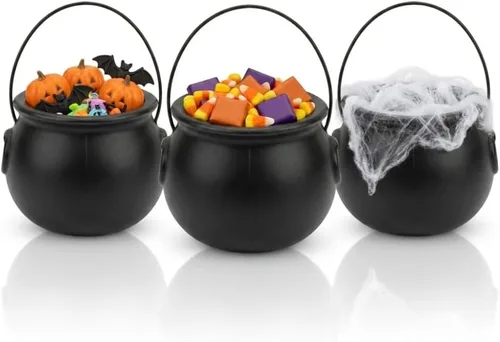Vista 35 de PMU Caldero de Halloween 6 piezas de 3 pulgadas pequeño de bruja de plástico para caldero negro, para decoración de Halloween