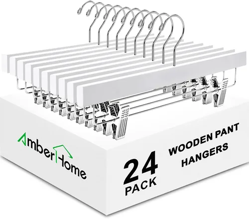 Vista 8 de Amber Home Paquete de 10 perchas de madera blanca para pantalones con 2 clips ajustables para jeans, pantalones cortos