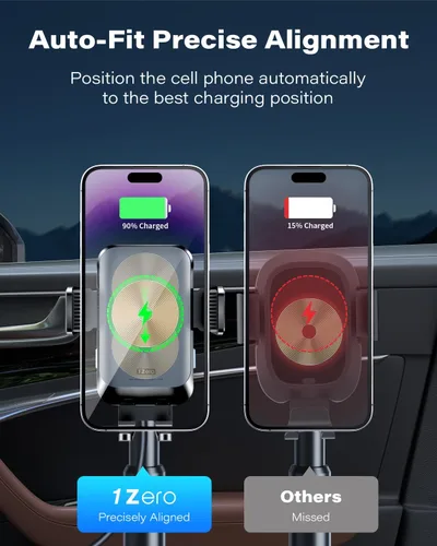 Vista 3 de 1Zero Cargador inalámbrico de auto con sujeción automática, soporte de teléfono resistente de 15 W, carga rápida para iPhone 16 15 Pro Max Plus 14