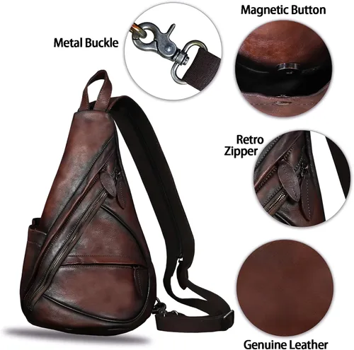 Vista 6 de Bolso bandolera de cuero genuino para hombres y mujeres vintage Sling Mochila bandolera bandolera bolsa de pecho para iPad
