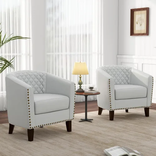 Vista 33 de Pia Ricco Silla de Acento Tipo Barril de Cuero Sintético, Silla de Club Moderna con Brazos, Cómoda Silla Individual Tapizada con Patas de Madera