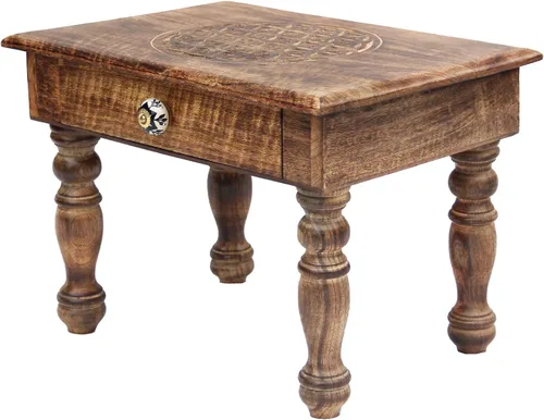 Vista 10 de DharmaObjects Mesa de meditación de altar del santuario de Puja tallada a mano de madera maciza de mango (flor de vida)