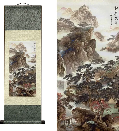 Vista 30 de AtfArt Decoración asiática de pared, hermosa pintura de pergamino de seda del paisaje del río de la cascada - Montaña, primavera, otoño