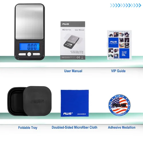 Vista 6 de Báscula digital de bolsillo AMERICAN WEIGH SCALES SERIE AC 150g x 0.01g Mini báscula de gramos de alta precisión de 0.001g de precisión