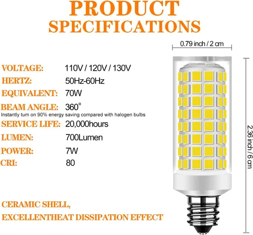 Vista 3 de Bombilla LED E11 de 5 W, equivalente a 50 W, luces halógenas de repuesto, mini base de candelabro AC110-130V, sustituye a 75t4q/ev/mc T4/T3 JD e11