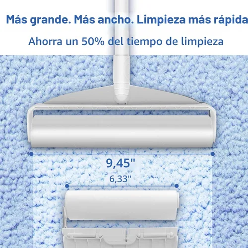 Vista 4 de Rodillos de pelusa grandes para alfombras, rodillos adhesivos para piso DELOMO de 9.45 pulgadas con 3 mangos extensibles, trapeador adhesivo