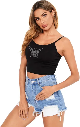 Vista 3 de Verdusa Camiseta sin mangas Y2K con cuello redondo y diamantes de imitación para mujer