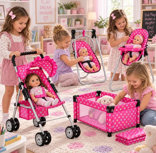 Vista 4 de Fash n kolor Juego de Muñeca Bebé de 3 Piezas – Parque Infantil de Diseño de Lunares, Cochecito de Muñeca Plegable, Silla Alta – Compatible