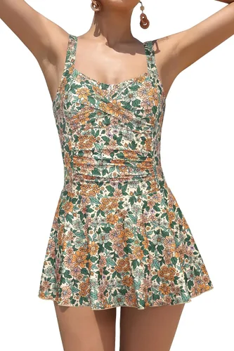 Vista 18 de SHEKINI Traje de baño de una pieza con falda fruncida cruzada para mujer Vestido de baño Traje de baño Albaricoque - Bw