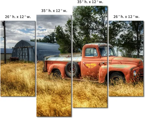 Vista 7 de Arte de pared de camión viejo en rojo y árboles y hierbas secas en campo, decoración de pared, cuadros impresos en lienzo, la imagen para decoración