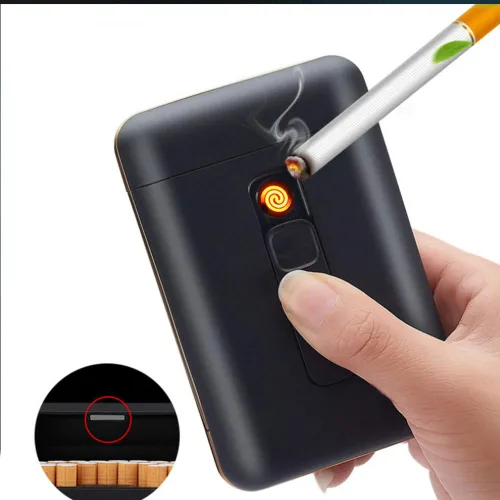 Vista 4 de Caja de cigarrillos con caja de cigarrillos más encendedor, paquete portátil tamaño King, 20 unidades, cigarrillos de tamaño regular, encendedores