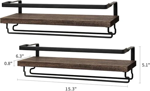 Vista 7 de Mkono Estante de vino montado en la pared, juego de 2 estantes de madera rústicos para botellas de vino, estantes flotantes de vidrio con colgador