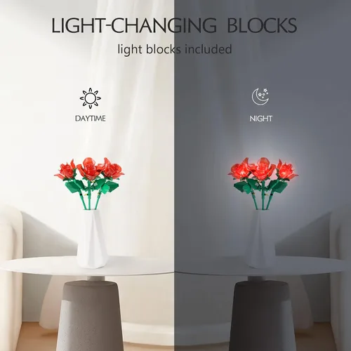 Vista 8 de Juego de construcción de ramo de rosas con luces, plantas artificiales, bonita colección botánica compatible, regalo para mujer