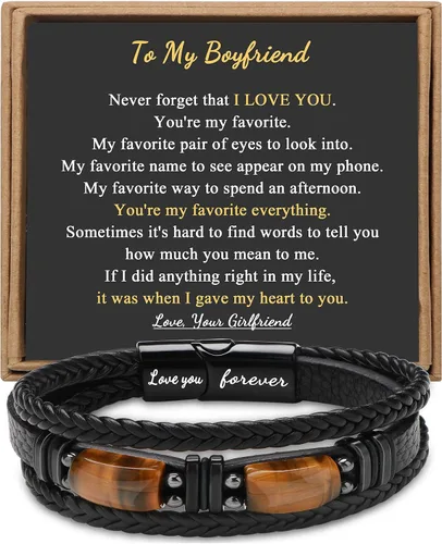 Vista 21 de Regalos únicos para hombres, pulsera de cuero para hombres, papá, novio, hijo, nieto, hermano, te amo para siempre, piedra ojo de tigre, día