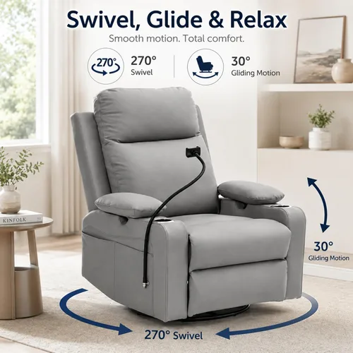 Vista 4 de Power Glider Recliner, Swivel Rocking, USB, Adjustable Arms (Gray)