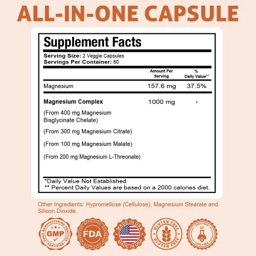 Vista 3 de Health Dose Triple Magnesium Complex 1000 mg Mezcla de L-treonato, bisglicinato, citrato y malato Apoyo para la relajación muscular, el sueño