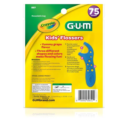 Vista 12 de GUM Crayola Hilos Dentales para Niños con Flúor - Diseñados para Manos Pequeñas - Divertido Sabor a Uva - Palillos de Hilo Dental Fáciles de Usar