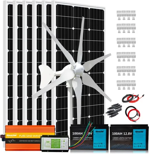 Vista 8 de Kit completo de energía solar eólica de 1000 vatios de 12 V con batería e inversor: 6 paneles solares de 100 W + generador de turbina eólica de 400