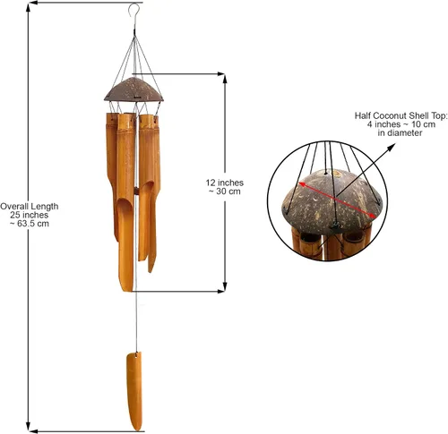 Vista 4 de Campanas de viento hechas a mano, 5 tubos de campana de bambú, parte superior de madera de coco, campanillas de madera de tono bajo y profundo