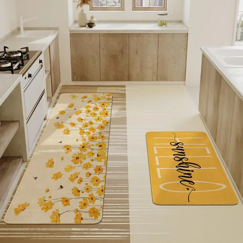 Vista 4 de Juego de 2 alfombras y tapetes de cocina de granja de primavera y verano, diseño floral de Hello Sunshine, antideslizante, lavable