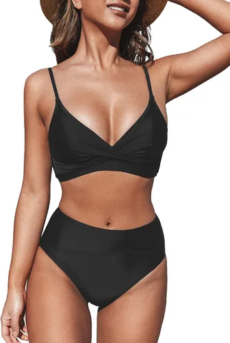 Vista 20 de CUPSHE Conjunto de bikini de dos piezas con cuello en V y cintura alta para Negro/Verde