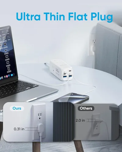 Vista 4 de Olcorife Tira de alimentación USB de 145W, cable de extensión de enchufe plano de 1.5 m con 3 tomas de CA y 6 puertos USB (4 USB C y 2 USB A)