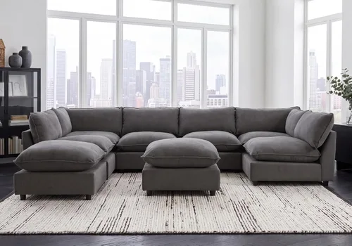 Vista 39 de Iroomy Oversized Modular Sectional Sofa, Chenille Cloud Couch, Deep Comfy Seat, 4-Seater Sofas, Couches, Living Room, Beige