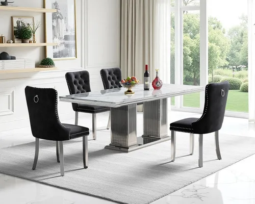 Vista 31 de Juego de mesa de comedor de mármol para 4, mesa de cocina rectangular de mármol negro de 68 pulgadas con base en H de acero inoxidable dorado, juego