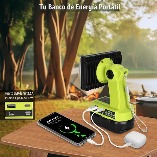 Vista 2 de Linterna de 18 W compatible con batería Ryobi de 18 V, reflector de luz de 2000LM 18V con puerto USB, puerto tipo C, cabezal giratorio de 110 grados