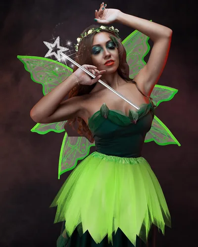 Vista 6 de Hicarer 5 Pcs Butterfly Fairy Wing Costume Set for Women Wing Elf Ear Flower Crown Star Wand Green Tutu Skirt Adult Girl Kid