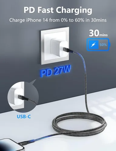 Vista 2 de Cargador rápido corto para iPhone de 1 pie, paquete de 2 [certificado Apple MFi] USB C a Lightning, cable trenzado de carga rápida compatible