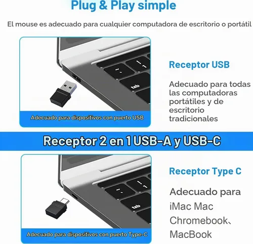 Vista 5 de Ratón Bluetooth recargable para laptop, mouse inalámbrico para MacBook air/Mac/MacBook Pro, mouse jiggler Bluetooth 5.2/3.0 y USB tipo C de 2.4 GHz