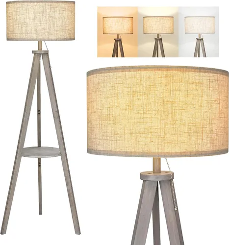 Vista 9 de ELYONA Lámpara de pie con trípode de madera estilo granja con mesa, lámpara de pie de lectura moderna con 3 temperaturas de color, bombilla LED