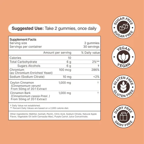 Vista 6 de Ceilán - Gomitas de canela - 2000 mg de canela complejo de cromo en latas sin plástico - Sin gluten vegano