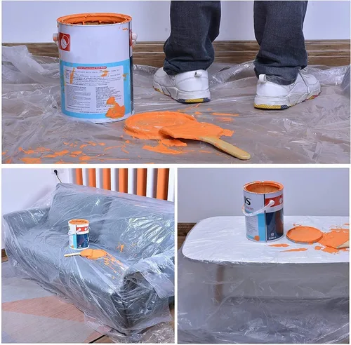 Vista 3 de Paños de tela de plástico transparente para pintar, 5 piezas, 9x12 pies, lona de plástico impermeable a prueba de polvo, casi resistente a roturas