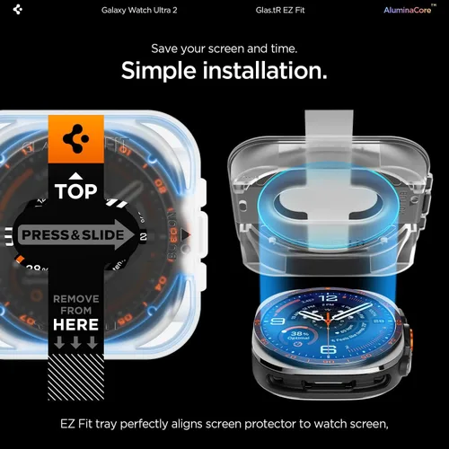 Vista 7 de Spigen GlasTR EZ FIT Screen Protector for Galaxy Watch Ultra 2 AluminaCore aluminum-enhanced 10H+ tempered glass, Auto-align tray, 100% clarity