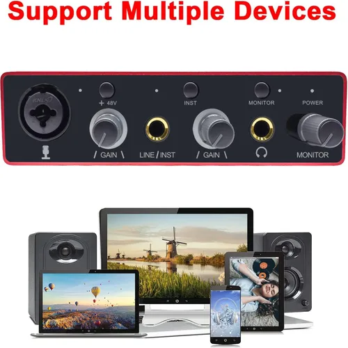 Vista 3 de Interfaz de audio USB con preamplificador de micrófono, grabadora mezcladora de audio USB con alimentación fantasma de 48 V, 24 bits, soporte