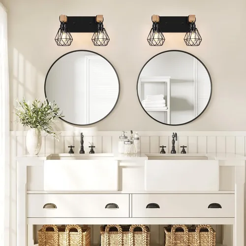 Vista 3 de FadimiKoo Aplique de pared de baño de madera de estilo rústico de 2 luces, accesorio de iluminación de tocador de granja para baño, lámpara de pared